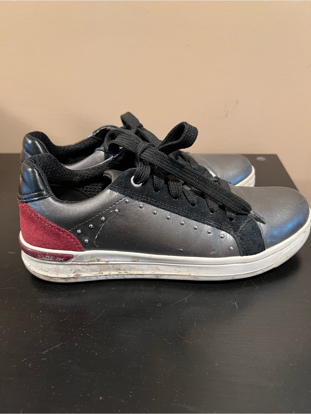 Geox Kids Black & Silver Sneakers with Burgundy Heel
